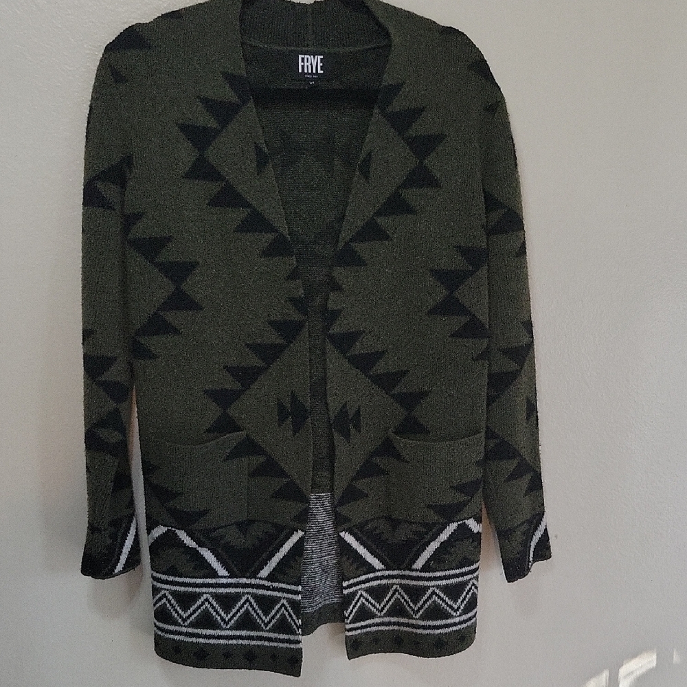 FRYE Green and Black Patterned Sweater Cardigan Size XS